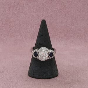 sterling silver round-cut cz & sapphire engagement ring size 8.75